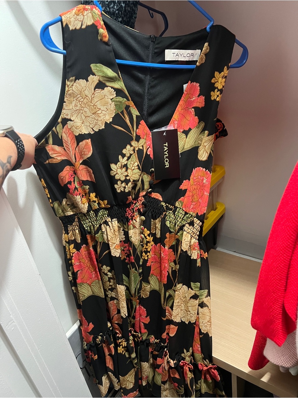 Taylor Black Floral V-Neck Maxi Dress with Red & Green Blooms
